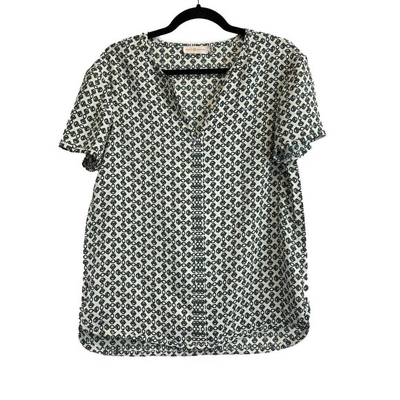 Tory Burch - Excellent - Chain Short Sleeve Shirt - White, Green - Small - Top - Picture 1 of 9